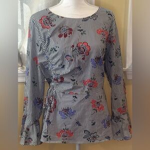 Eloquii Navy And White Striped Long Sleeve Peplum Shirt with Ruched Side